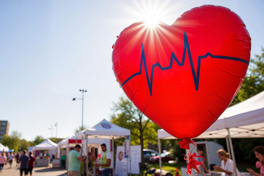 A large red heart-shaped balloon with a heartbeat line graphic floats above an outdoor health fair, with tents and people in the background under a sunny sky.